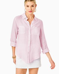 Sea View Linen Button Down Top - Urchin Pink X Resort White