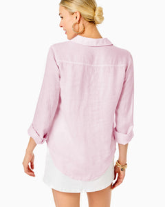 Sea View Linen Button Down Top - Urchin Pink X Resort White