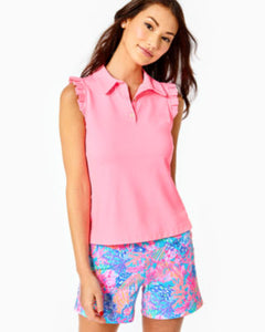 UPF 50+ Luxletic Frida Sleeveless Ruffle Polo Top - Lillys Coral