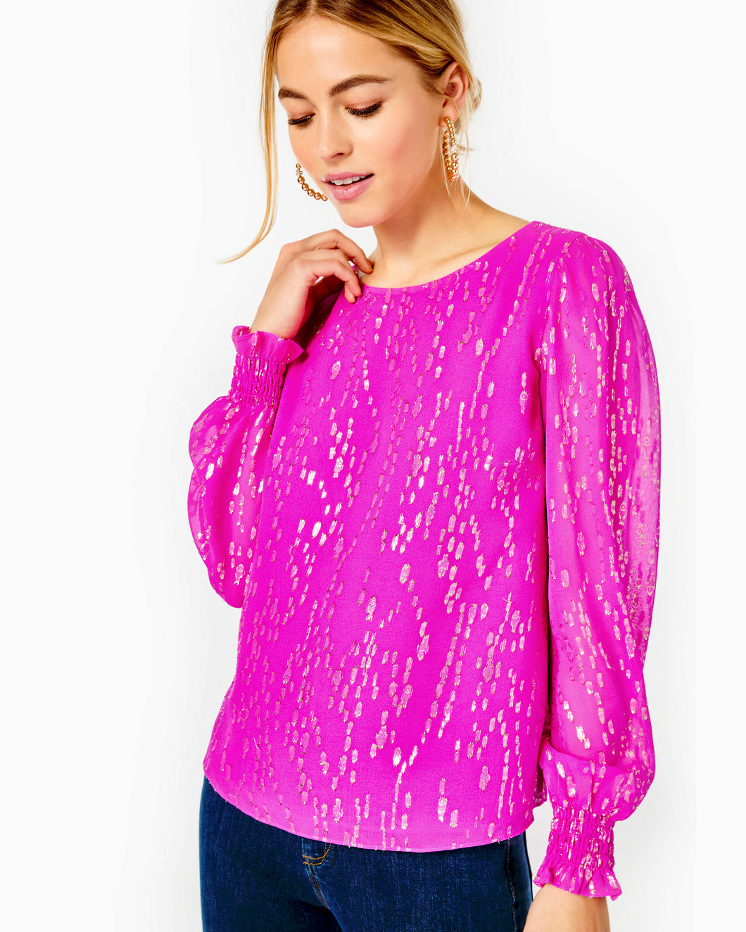 Idina Long Sleeve Silk Top - Elderberry Fish Clip Chiffon