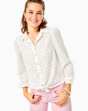 Load image into Gallery viewer, Sea Breeze Eyelet Button Down Top - Resort White Ditsy Diamond Poly Eyelet
