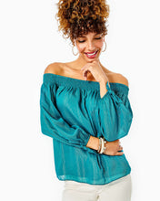 Load image into Gallery viewer, Maryellen Off-The-Shoulder Top - Valencia Teal Fine Metallic Stripe
