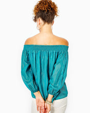 Load image into Gallery viewer, Maryellen Off-The-Shoulder Top - Valencia Teal Fine Metallic Stripe

