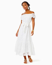 Load image into Gallery viewer, Geri Off-The-Shoulder Midi Dress - Resort White Swirly Fern Scalloped Eyelet
