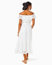 Load image into Gallery viewer, Geri Off-The-Shoulder Midi Dress - Resort White Swirly Fern Scalloped Eyelet
