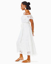 Load image into Gallery viewer, Geri Off-The-Shoulder Midi Dress - Resort White Swirly Fern Scalloped Eyelet
