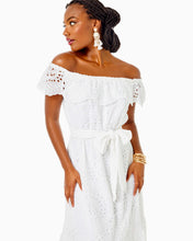 Load image into Gallery viewer, Geri Off-The-Shoulder Midi Dress - Resort White Swirly Fern Scalloped Eyelet
