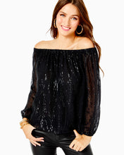 Load image into Gallery viewer, Emilee Off-the-Shoulder Silk Top - Onyx Fish Clip Chiffon
