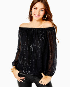 Emilee Off-the-Shoulder Silk Top - Onyx Fish Clip Chiffon