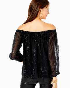 Emilee Off-the-Shoulder Silk Top - Onyx Fish Clip Chiffon