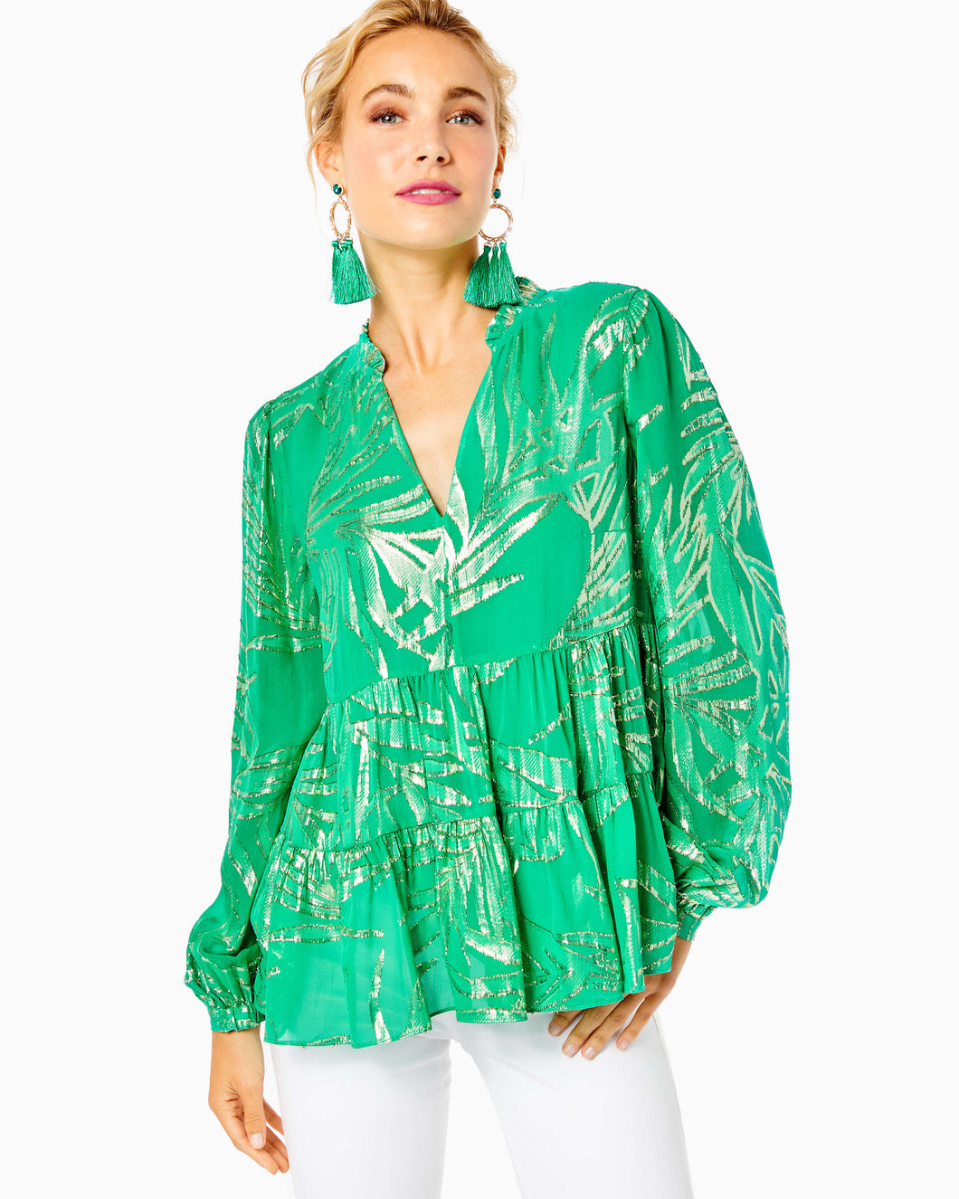 Sarita Silk Top - Botanical Green Palm Leaf Silk Clip Chiffon