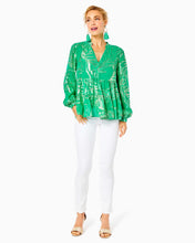 Load image into Gallery viewer, Sarita Silk Top - Botanical Green Palm Leaf Silk Clip Chiffon
