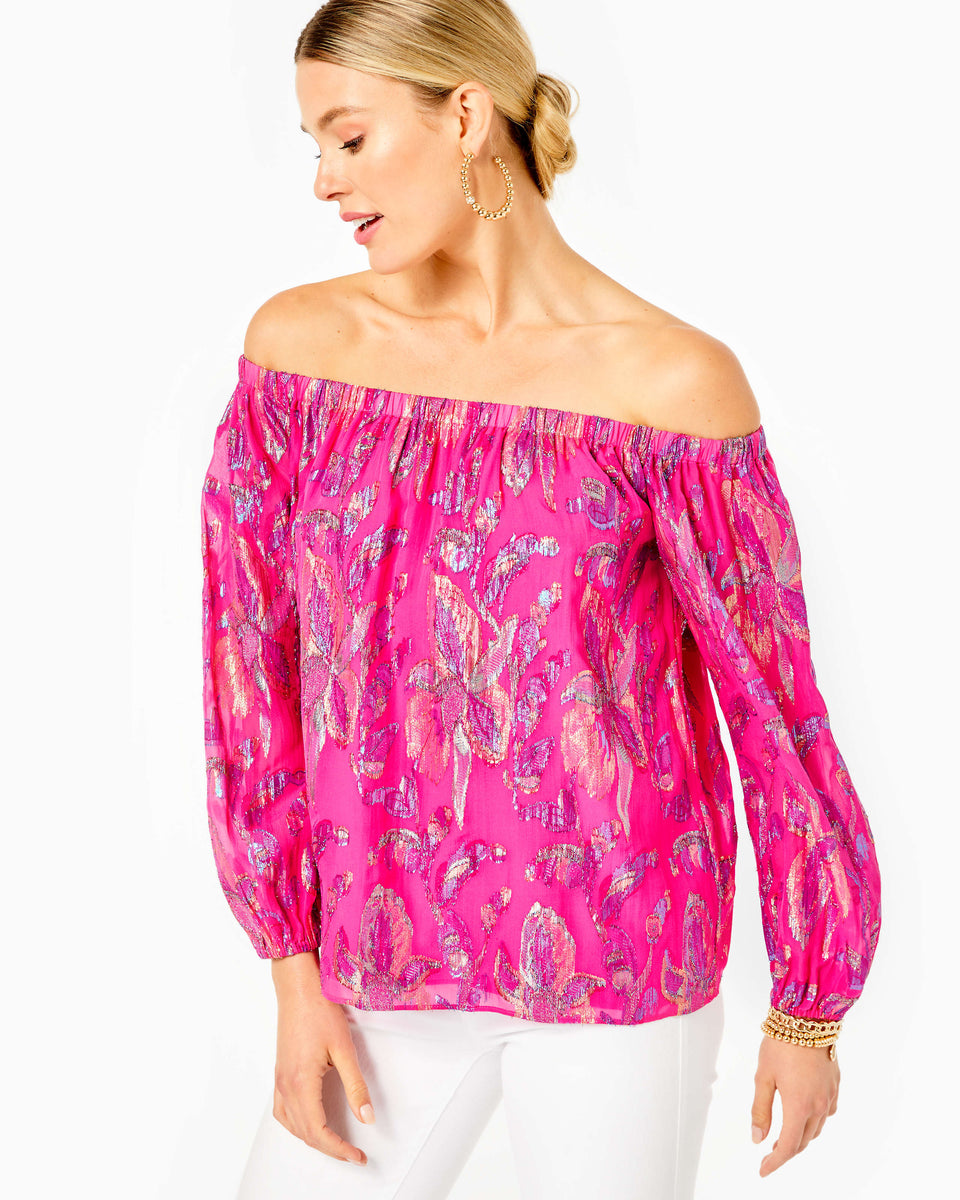 Emilee Off-the-Shoulder Silk Top - Acai Berry Rainbow Multi Floral Met ...