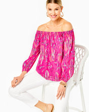 Load image into Gallery viewer, Emilee Off-the-Shoulder Silk Top - Acai Berry Rainbow Multi Floral Metallic Clip
