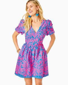 Suzie Short Sleeve Cotton Dress - Aura Pink Leaf An Impression Engineered Woven Dres
