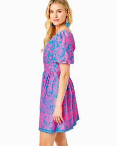 Suzie Short Sleeve Cotton Dress - Aura Pink Leaf An Impression Engineered Woven Dres