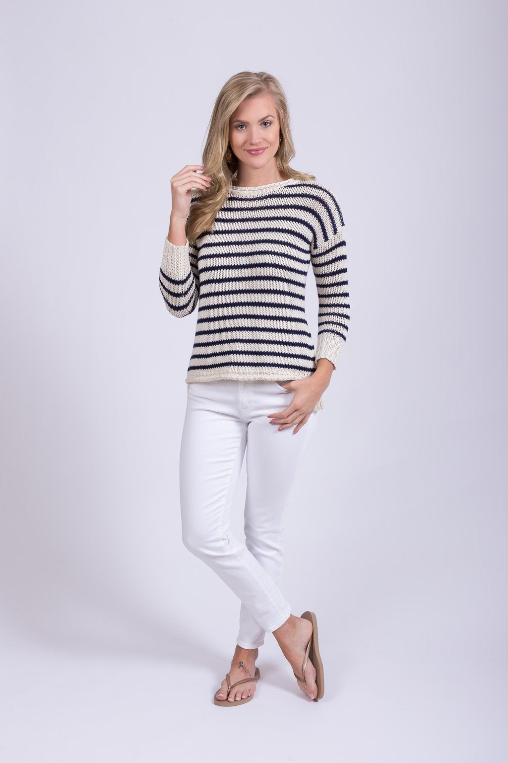 Relaxed Crew Sweater - Tan & Navy Stripe