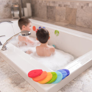 BATHIN' SMART RAINBOW SPOTS SILICONE BATH TOY AND SCRUB FOR KIDS AND TODDLERS, 7-PACK.