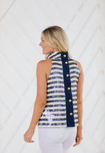 Load image into Gallery viewer, Sail to Sable Cowl Neck Top Navy/Cream Sequin
